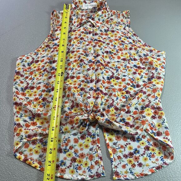 AMBIANCE APPAREL Blouse Sleeveless Sheer Tie Hi-Low Ditsy Floral Womens S White - Picture 7 of 11